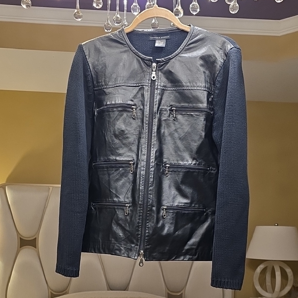 Maurice Sasson Vintag Black Leather Jacket with Textured Cotton Sleeves and Back